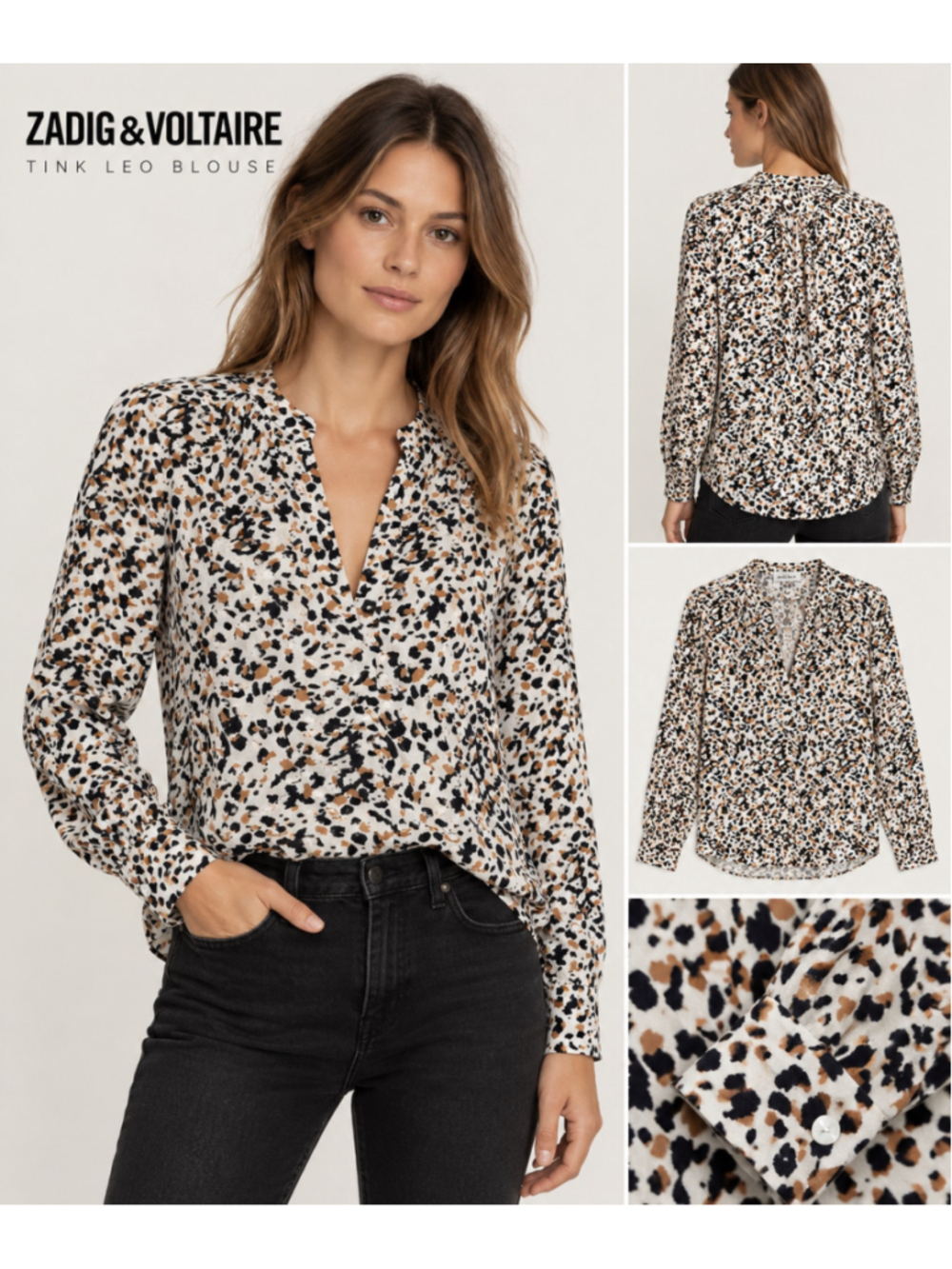 Women's Zadig & Voltaire Tink Leo Blouse Size M Beige Black Animal Print